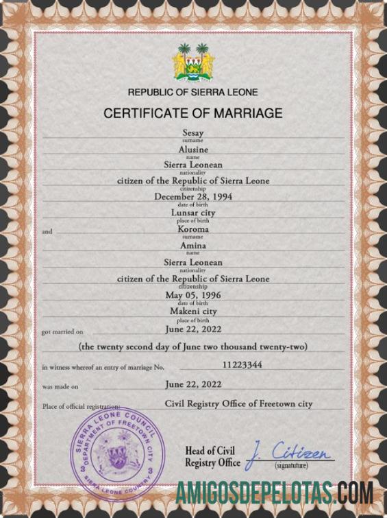 Imprimível modelo PSD de certidão de casamento em Serra Leoa